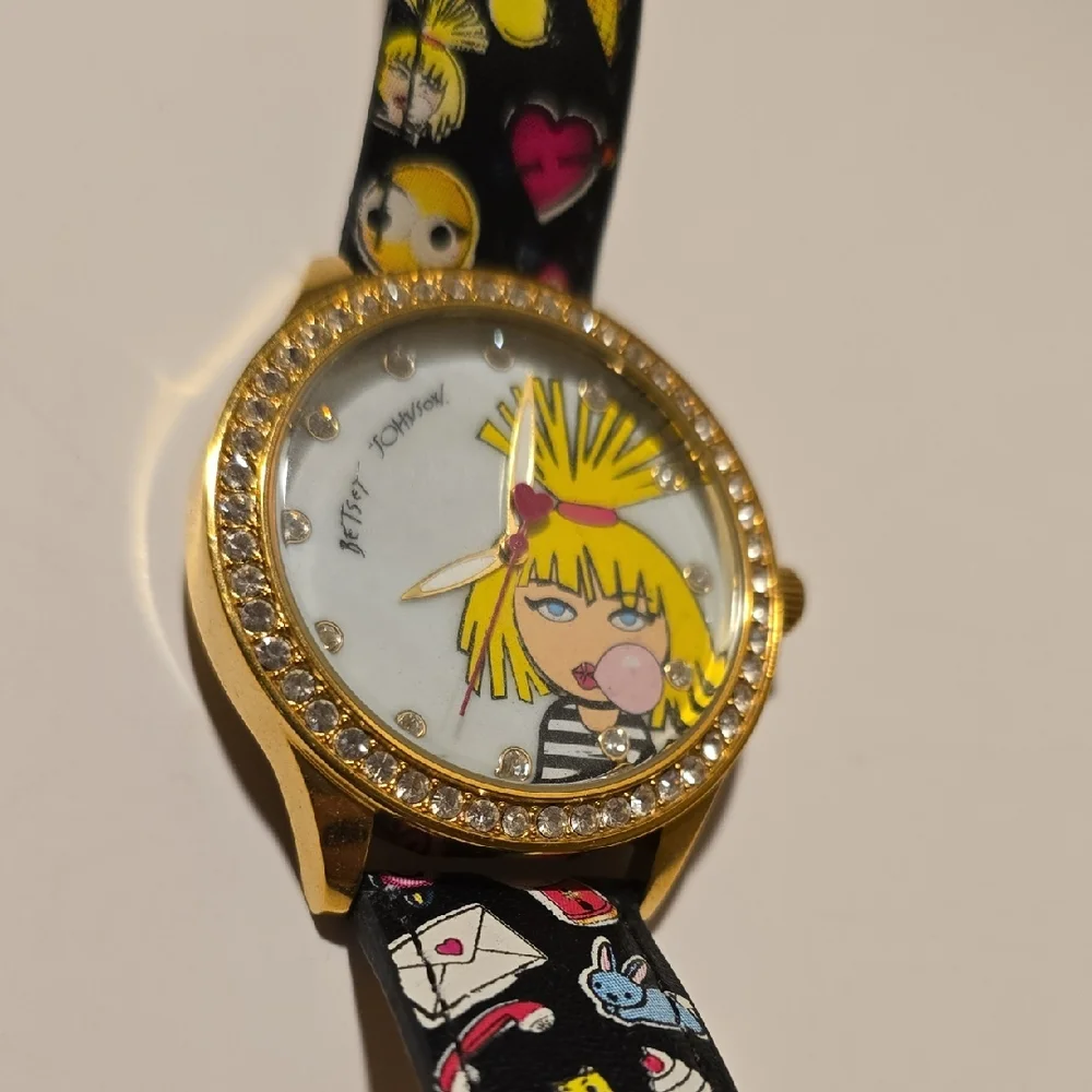 Betsey Johnson Gold Cartoon Watch with Black Strap